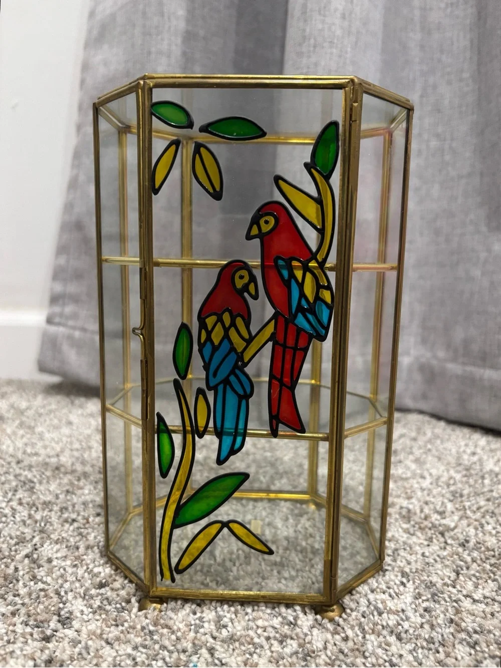 Vintage Brass Hexagonal Glass Curio Cabinet With Stained Glass Parrots
